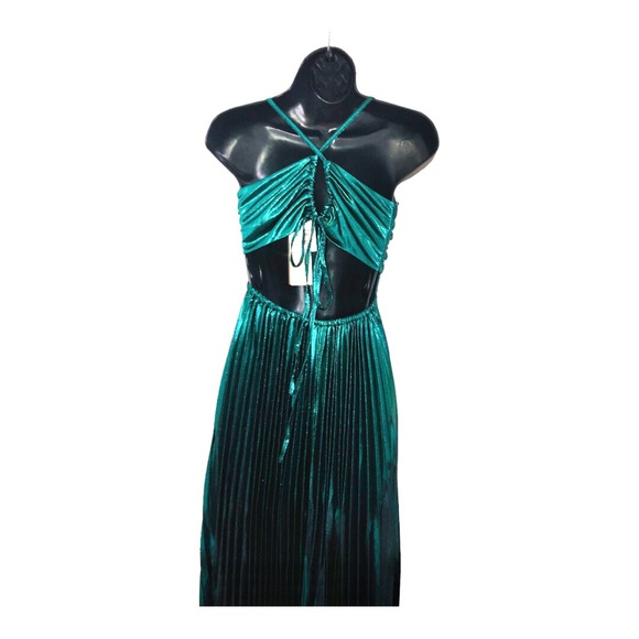 Beautiful emerald green lurex look open lace up back pleated maxi dress size S - Picture 13 of 17